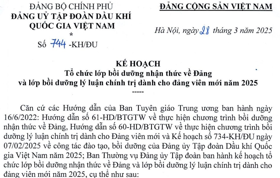 Kế hoạch tổ chức lớp bồi dưỡng nhận thức về Đảng và lớp bồi dưỡng lý luận chính trị dành cho đảng viên mới năm 2025”