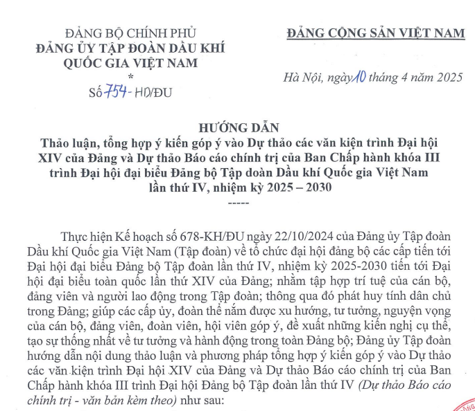 Hướng dẫn: Thảo luận, tổng hợp ý kiến góp ý vào Dự thảo các văn kiện trình Đại hội XIV của Đảng và Dự thảo Báo cáo chính trị của Ban Chấp hành khóa III trình Đại hội đại biểu Đảng bộ Tập đoàn Dầu khí Quốc gia Việt Nam lần thứ IV, nhiệm kỳ 2025 – 2030”