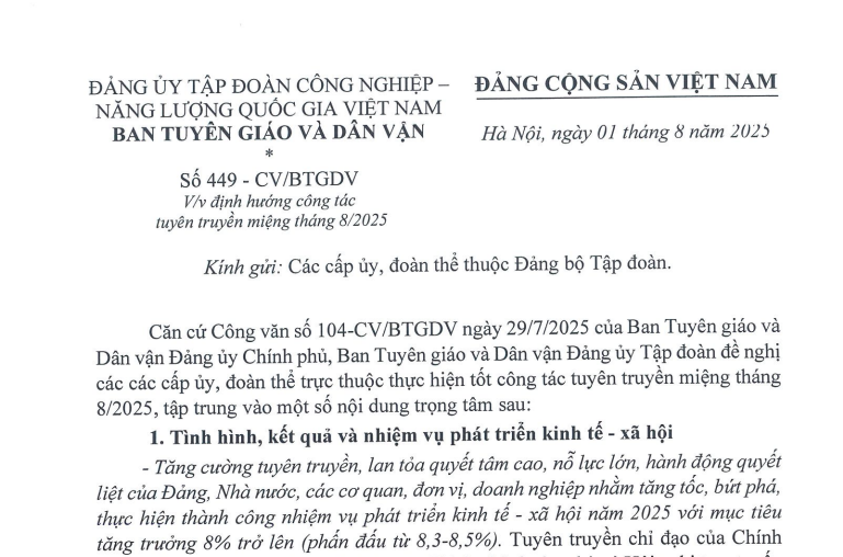 V/v định hướng công tác tuyên truyền miệng tháng 8/2025”
