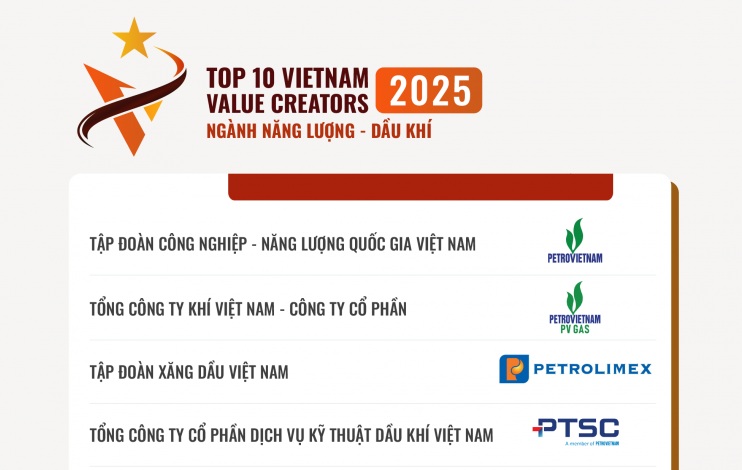 Petrovietnam và 7 đơn vị thành viên trong Top 10 Doanh nghiệp tạo giá trị hàng đầu Việt Nam 2025, ngành Năng lượng – Dầu khí”