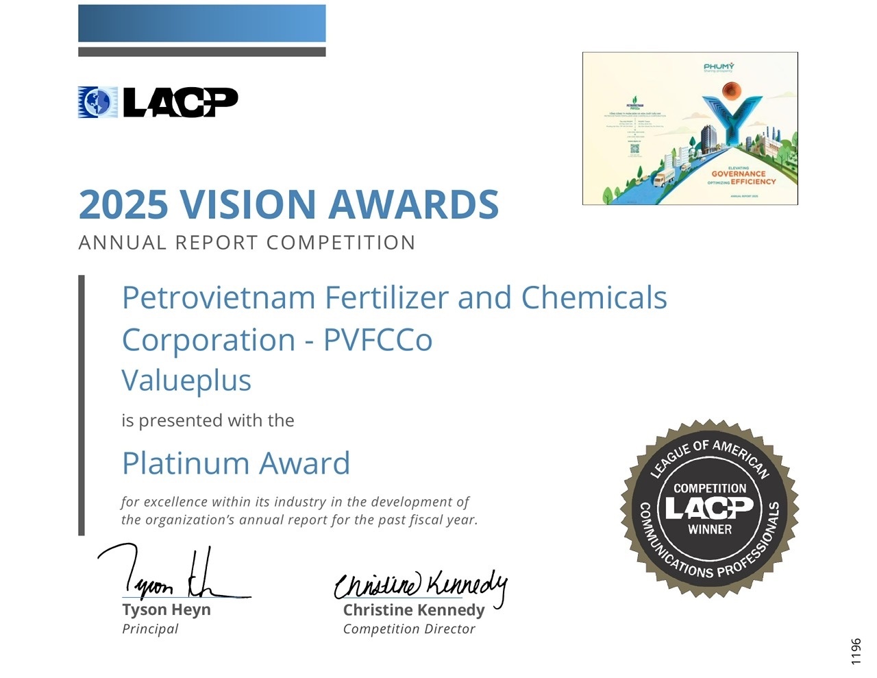 Báo cáo thường niên 2025 của PVFCCo - Phú Mỹ giành Giải Bạch Kim (Platinum Award), giải cao nhất ở hạng mục ngành Nông nghiệp (Agribusiness)