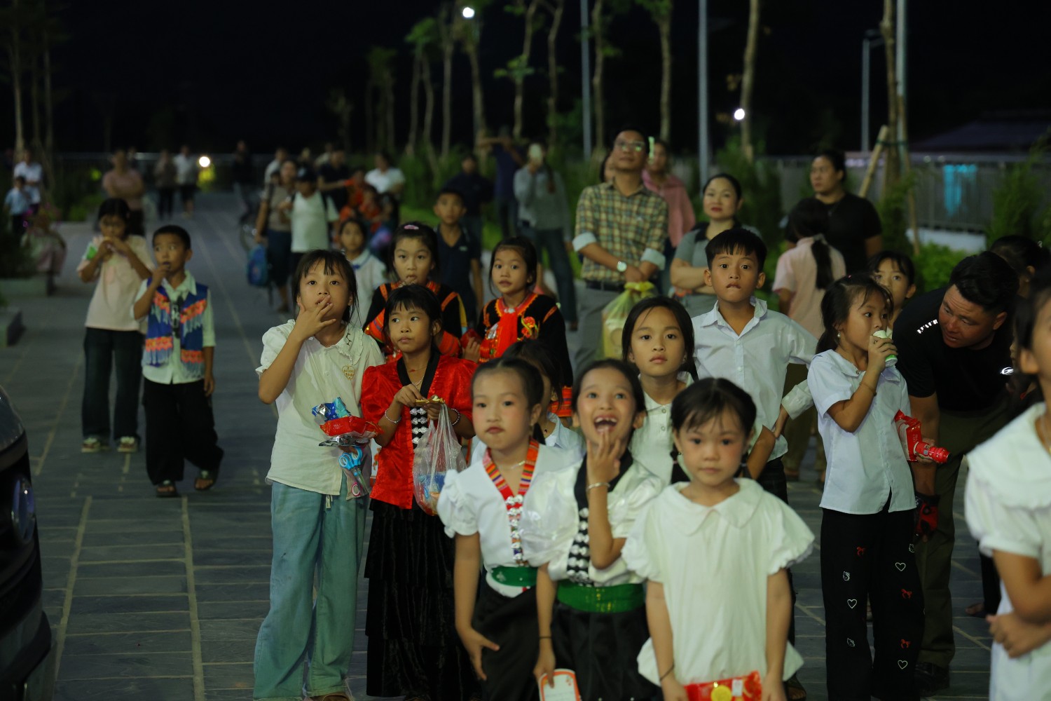 Các em học sinh ngắm màn pháo hoa với niềm vui đặc biệt.