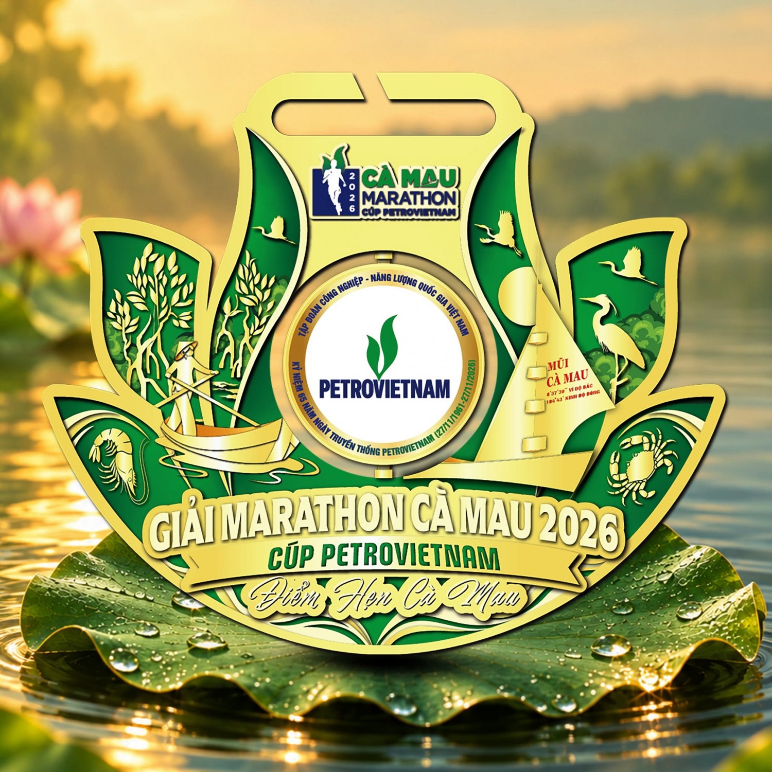 Mặt trước huy chương Cà Mau Marathon 2026 - Cúp PETROVIETNAM.