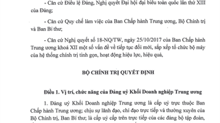 Quyết định về chức năng, nhiệm vụ, tổ chức bộ máy của Đảng ủy Khối Doanh nghiệp Trung ương