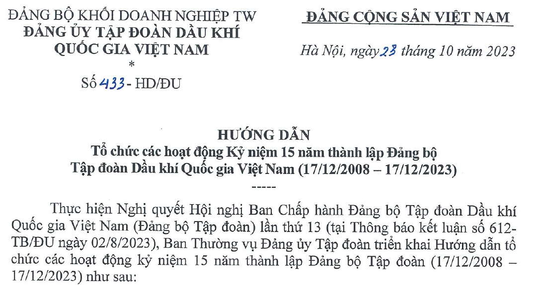 Hướng dẫn tổ chức các hoạt động kỷ niệm 15 năm thành lập Đảng bộ Tập đoàn Dầu khí Quốc gia Việt Nam (17/12/2008-14/12/2023)”