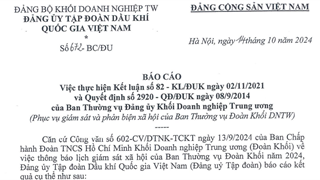 Báo cáo việc thực hiện kết luận số 82-KL/ĐUK ngày 02/11/2021 và quyết định số 2920 - QĐ/ĐUK ngày 08/9/2014 của Ban Thường vụ Đảng ủy Khối doanh nghiệp Trung ương.