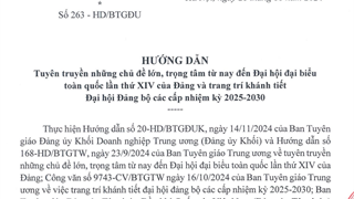 Hướng dẫn tuyên truyền những chủ đề lớn, trọng tâm từ nay đến Đại hội đại biểu toàn quốc lần thứ XIV của Đảng và trang trí khánh tiết Đại hội Đảng bộ các cấp nhiệm kỳ 2025-2030